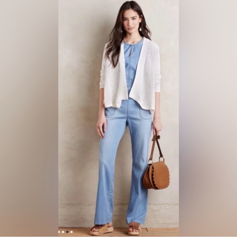 Anthropologie Rosie Neira Open Front Crochet Drapey Cardigan Sweater Cream v